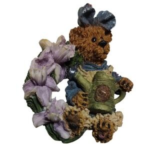 Boyds Bear Brooch Pin Irises Bear With Bow and Watering Can Spring Flower 2.5 In